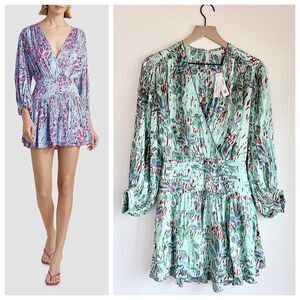 NWT Poupette St Barth Colleen Long Sleeve Mini Dress Mint Exotic Forest Small S